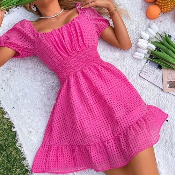 . Dresses & Skirts - Ruched Bust Shirred Ruffle Hem Mini Dress Pink